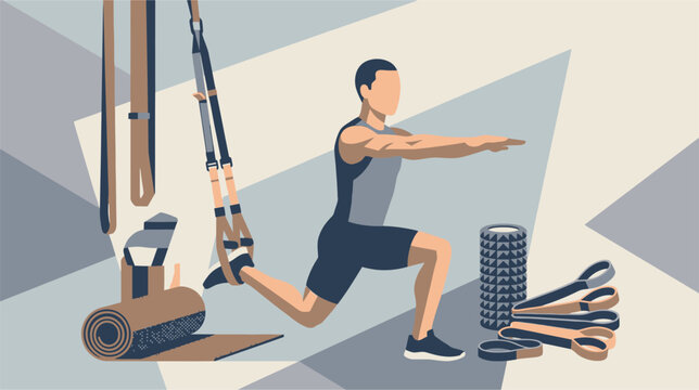 Vector illustration of a person performing suspension strap training exercises, including pull-ups and core stabilization using functional fitness equipment on a white background.