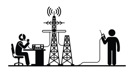 Radio communication setup with tower operator and handheld transceiver silhouette technician engineer © Gahima