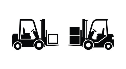Forklift Silhouette Icons With And Without Pallet Black On White Background forklifts © Gahima