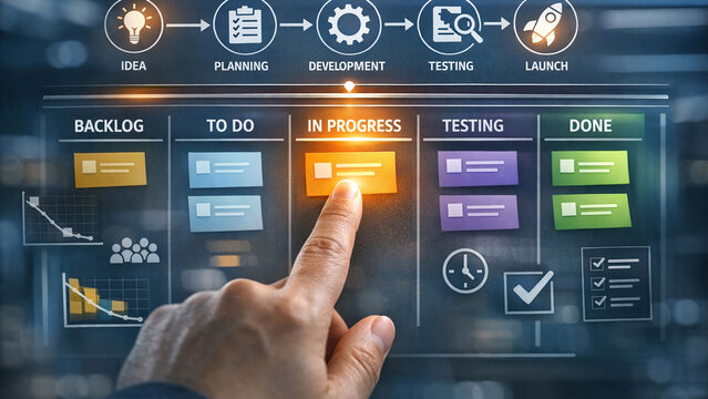 A hand on a futuristic button on an advanced computer screen with interactive icons and tools.
