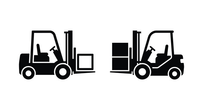 Forklift Silhouette Icons With And Without Pallet Black On White Background forklifts