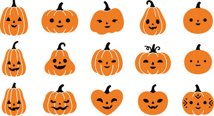 Fototapeta premium A collection of cute hand drawn pumpkin illustrations with various happy facial expressions arranged in a grid on white background