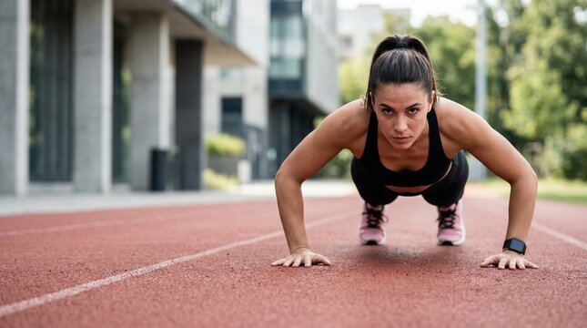 Fit woman doing pushups on running track outdoors.