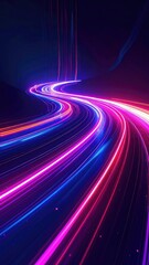 Fototapeta premium A neon-lit road curves into the distance with streaks of pink and blue light.