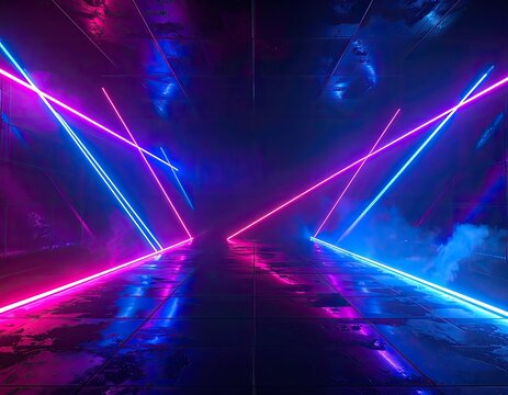 Neon laser beams illuminate a futuristic, smoky corridor with reflective floors.