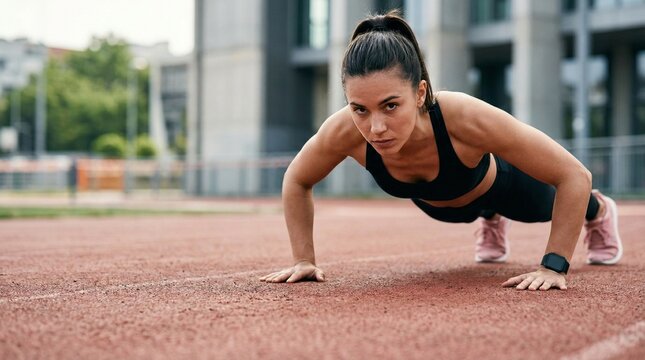 Fit woman doing pushups on outdoor running track in urban city park.