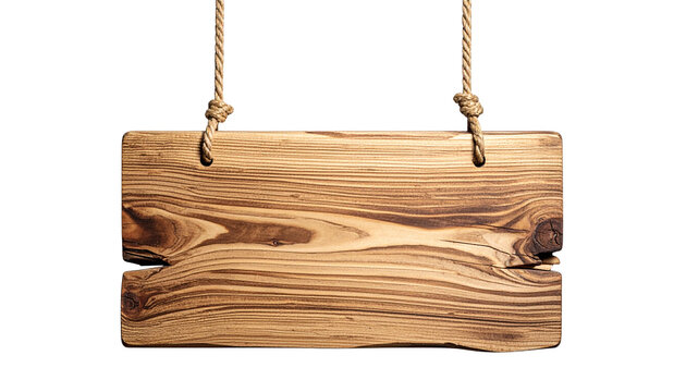A single elegant blank wooden sign board hanging from two rustic ropes, natural wood grain, smooth handcrafted edges, warm earthy texture, countryside style, isolated on transparent background.