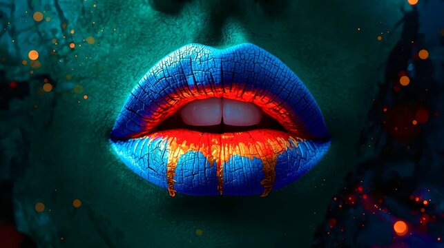 Vibrant lips glow with electric blue and fiery orange hues