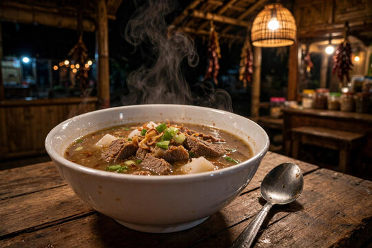 Steaming Coto Makassar at night in traditional warung with warm light