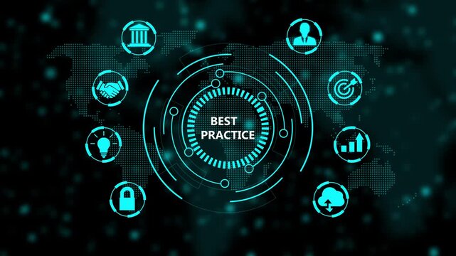Practice concept with digital hud interface and global network on dark background, business strategy digital interface