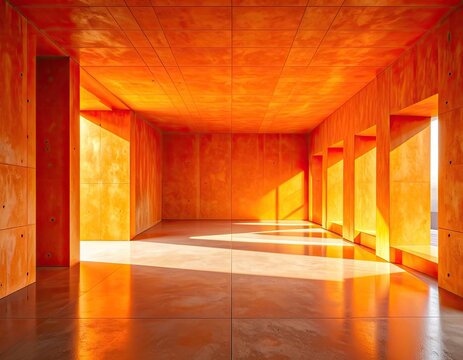 Modern architectural interior bathed in warm orange light.