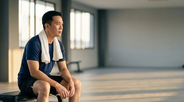 Asian man resting on gym bench after intense workout with towel around neck.
