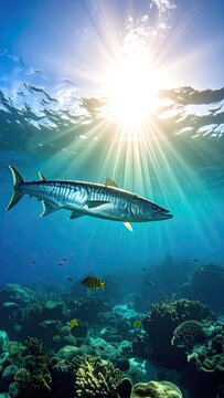 A barracuda swims through a sun-dappled coral reef.