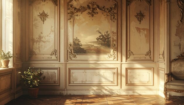 An ornate antique interior with a landscape painting and lush potted plants.