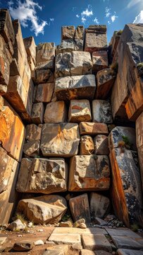 Ancient stone structure with massive blocks under a blue sky.