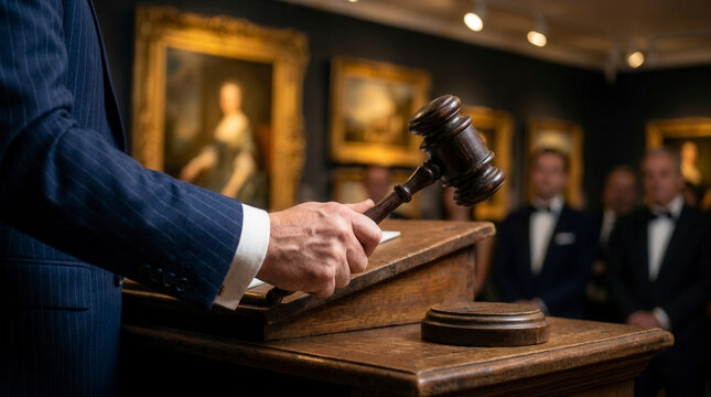 Male hand striking gavel in antique painting auction, deal closure and art investment