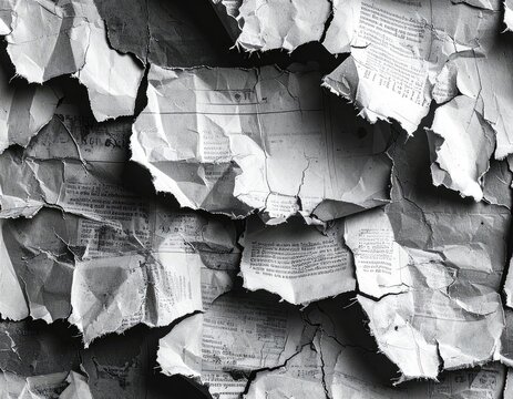A close-up, monochromatic, textured background of crumpled and torn vintage paper with visible text.