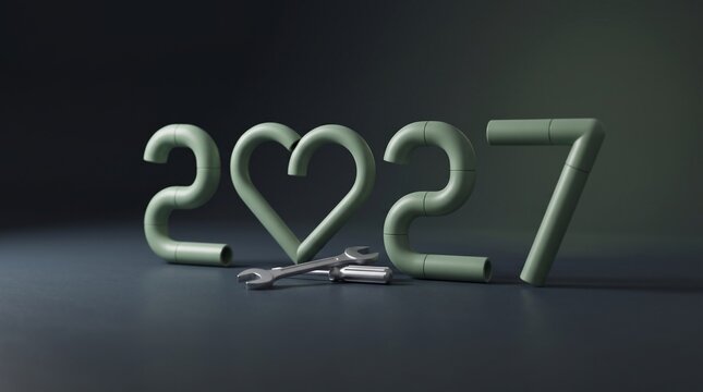 Minimalist three dimensional green pipe typography representing future year twenty twenty seven with metallic tools with style numbers forming