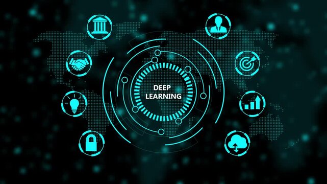 Deep learning technology concept with digital map and hud interface for ai and business data analytics