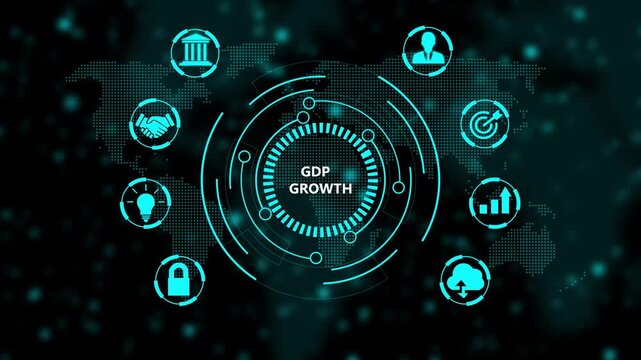 Gdp growth digital concept with global business and map hud interface animation economy finance