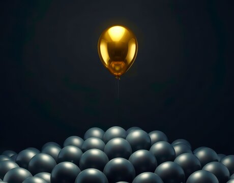 Single golden balloon floats above a sea of silver spheres