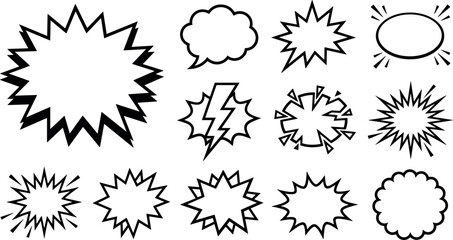 Blank Comic Book Speech Bubble Vector Set with Retro Explosion Bursts, Pop Art Cloud Thinks, Lightning Bolts, and Dynamic Pow Splash Elements for Manga Graphic Designs © FZ