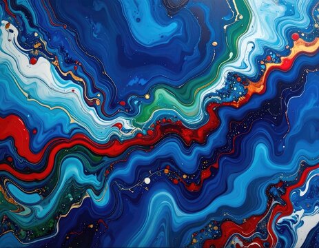 Vibrant abstract swirls of blue, red, and gold fluid art.
