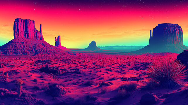 Abstract retro synthwave desert landscape with canyon monuments. Futuristic outrun valley background under starry neon sky. Vibrant purple and pink gradient panorama.