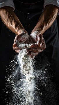 Baker's hands showering flour in a dramatic cascade.