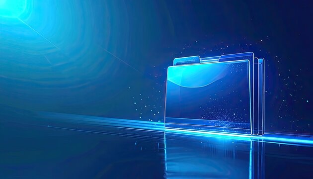 Digital folders glowing with blue light in a futuristic setting.
