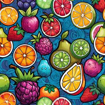 Seamless pattern of vibrant digital fruit illustrations featuring oranges raspberries and pears over a dark blue swirling background