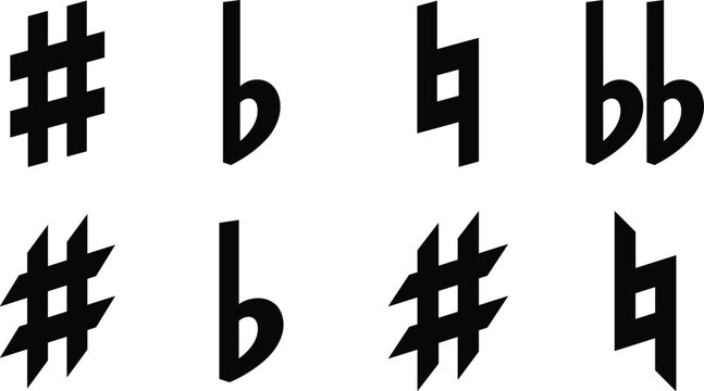Black and white vector illustration of musical accidental symbols including sharp, flat, and natural signs