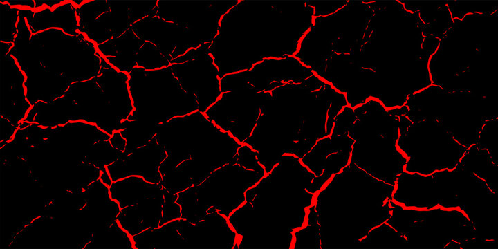 Abstract black background with red cracked texture. Minimalist ground fissure or volcanic magma lava crust crack patterns. Elegant horror, grunge, or dry land soil vector illustration.