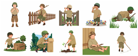 Collection of little boy character playing soldier and army adventurer in the backyard, flat vector illustration set