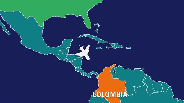 Flight Map Animation Showing Airplane Route Travelling From USA to Colombia. Perfect visual for video editors, content creators, and marketing agencies needing high-end geographical transitions.