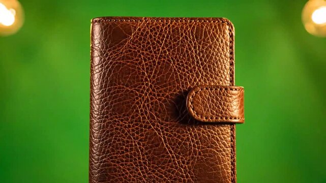 Close-up of brown leather wallet against green background