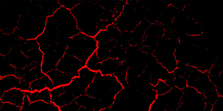 Abstract black background with red cracked texture. Minimalist ground fissure or volcanic magma lava crust crack patterns. Elegant horror, grunge, or dry land soil vector illustration.