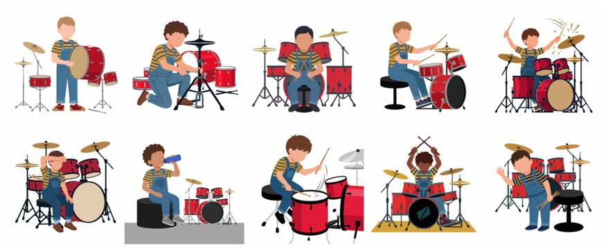 Set of vector illustrations featuring a young boy learning and playing the drums, practicing music, and setting up a red drum kit in various poses, isolated on white.