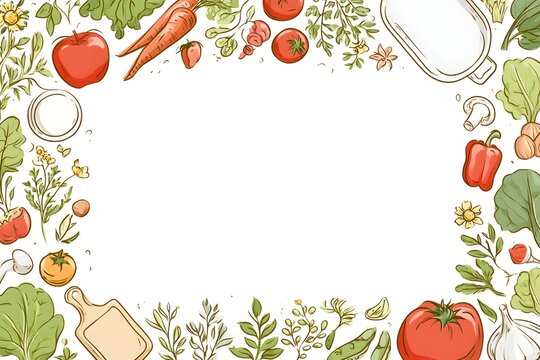 realistic vector illustration of healthy organic produce arranged around empty center space, apples, carrots, tomatoes, peppers, leafy vegetables, herbs, flowers and kitchen accessories, premium