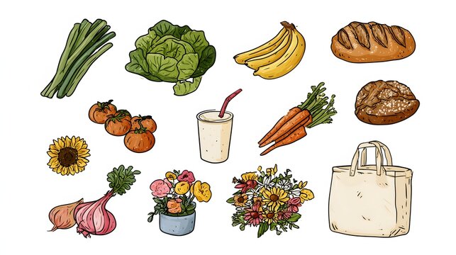 realistic hand drawn vector illustration of local farmers market icons including vegetables, fruits, bakery, beverages, flowers and reusable shopping bag, thin colorful outlines, contemporary