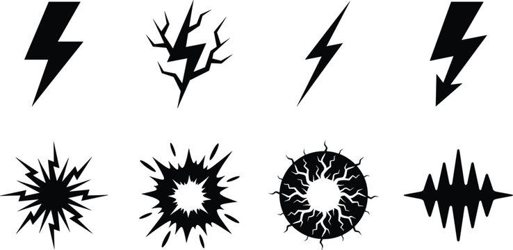 Electric Lightning Bolt and Energy Explosion Symbol Collection in Black Vector Design