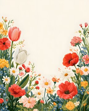 realistic vector illustration of handcrafted floral border featuring tulips, daisies, poppies, leaves and wild blossoms, contemporary flat design, vibrant color palette, premium commercial