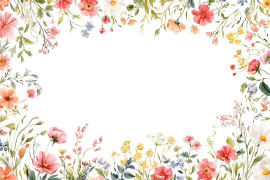realistic watercolor style vector illustration of spring flowers, wild plants, leaves and blossoms arranged around empty center space, soft artistic textures, elegant floral artwork