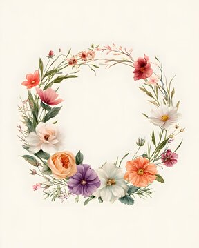 realistic hand drawn vector illustration of floral wreath made from colorful blossoms, leaves and branches, elegant contemporary botanical artwork, clean cream background