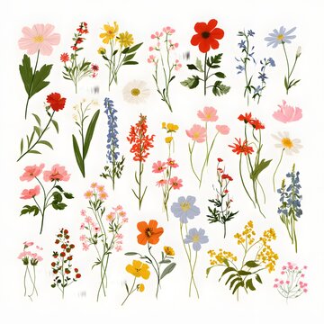 realistic botanical vector illustration featuring garden flowers, leafy stems, floral clusters and organic shapes, bold flat colors, modern editorial design, premium commercial illustration