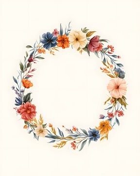 realistic hand drawn vector illustration of floral wreath made from colorful blossoms, leaves and branches, elegant contemporary botanical artwork, clean cream background