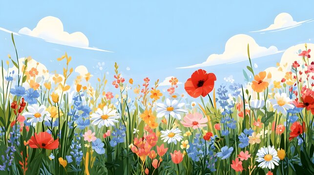 realistic vector illustration of blooming spring meadow with colorful flowers, foliage and decorative botanical details, clean flat illustration, contemporary branding style