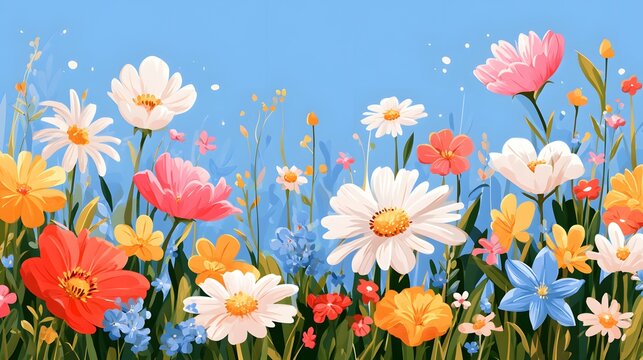 realistic vector illustration of blooming spring meadow with colorful flowers, foliage and decorative botanical details, clean flat illustration, contemporary branding style
