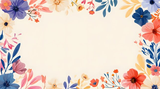 realistic premium vector illustration of colorful floral frame with modern botanical elements, organic leaves, blooming flowers and elegant negative space, Scandinavian inspired decorative artwork