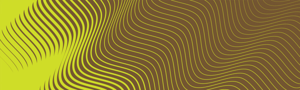 Neon lime yellow and brown wavy lines background with smooth geometric flow and modern depth. Abstract striped linear gradient pattern. Ideal for tech, motion, futuristic digital designs